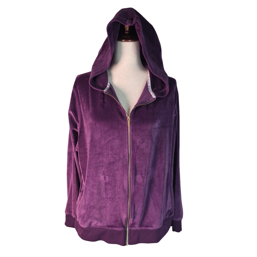 White Mark Womens 2XL Purple Velour Zip Up Hoodie Gold Hdwr Y2K Plush Relaxed
